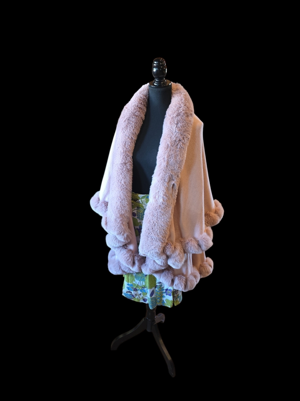 Plush Faux-Fur Trim Cape Wrap in Light Pink